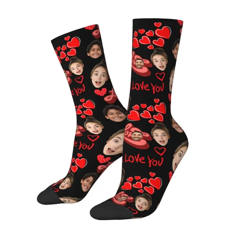 Calcetines personalizados Harajuku I Love You Family Face para mujer y hombre, calcetines cálidos con estampado 3D para el día más dulce, calcetines deportivos de baloncesto