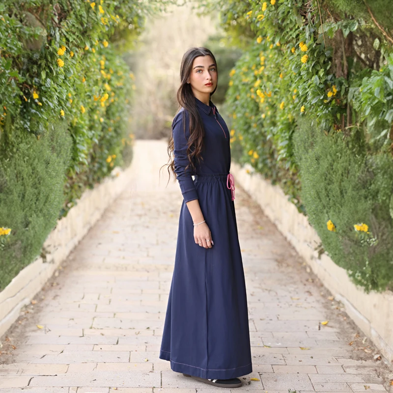 Youth Set Navy and Black Sweatshirt and Maxi Skirt Suit Long Sleeve Contrast Stitches and Zipper French Terry Fabric for Spring