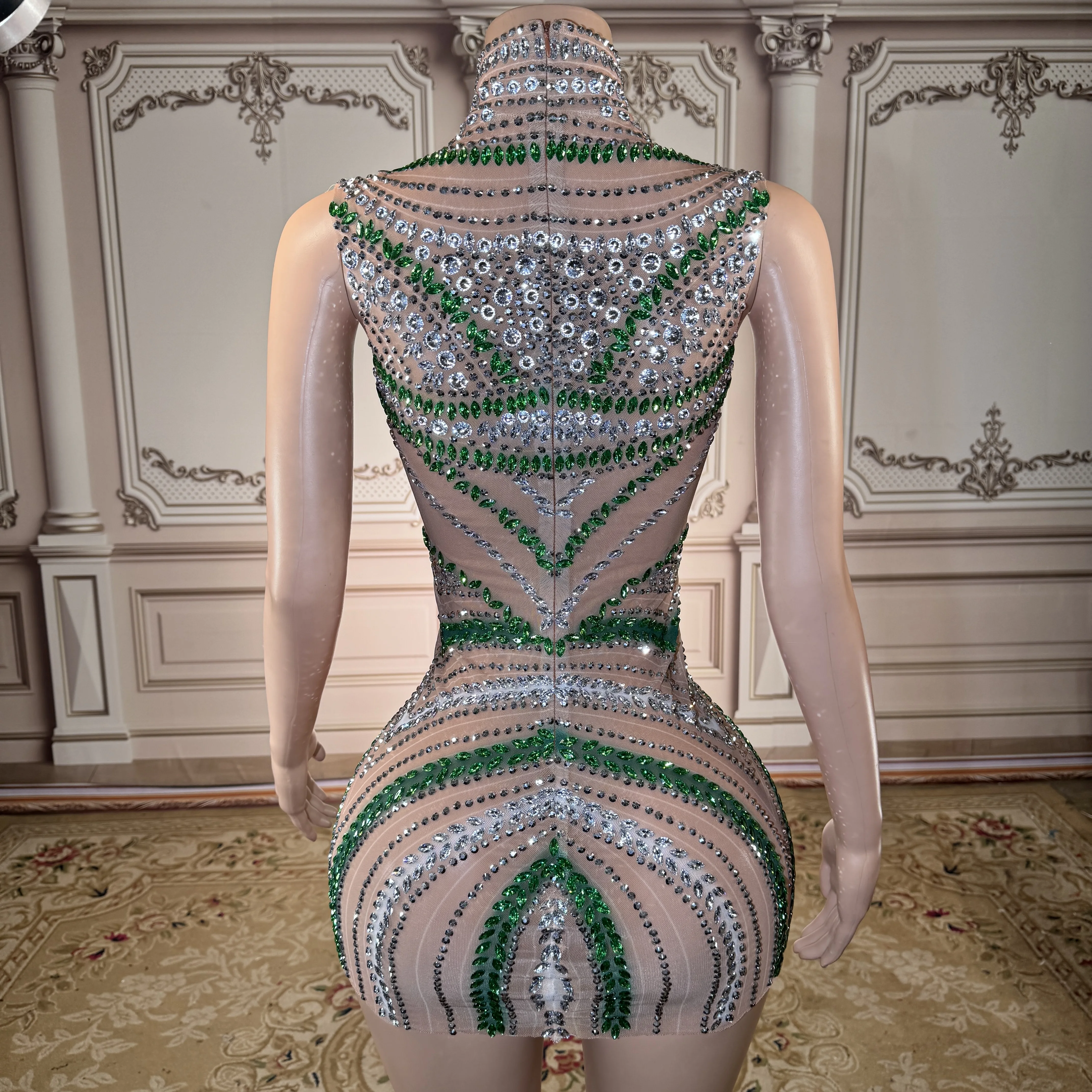 ZD 레드 카펫 이벤트 스팽글 크리스탈 민소매 메쉬 섹시 미니 클럽 드레스 댄스 의상 무도회 공연복