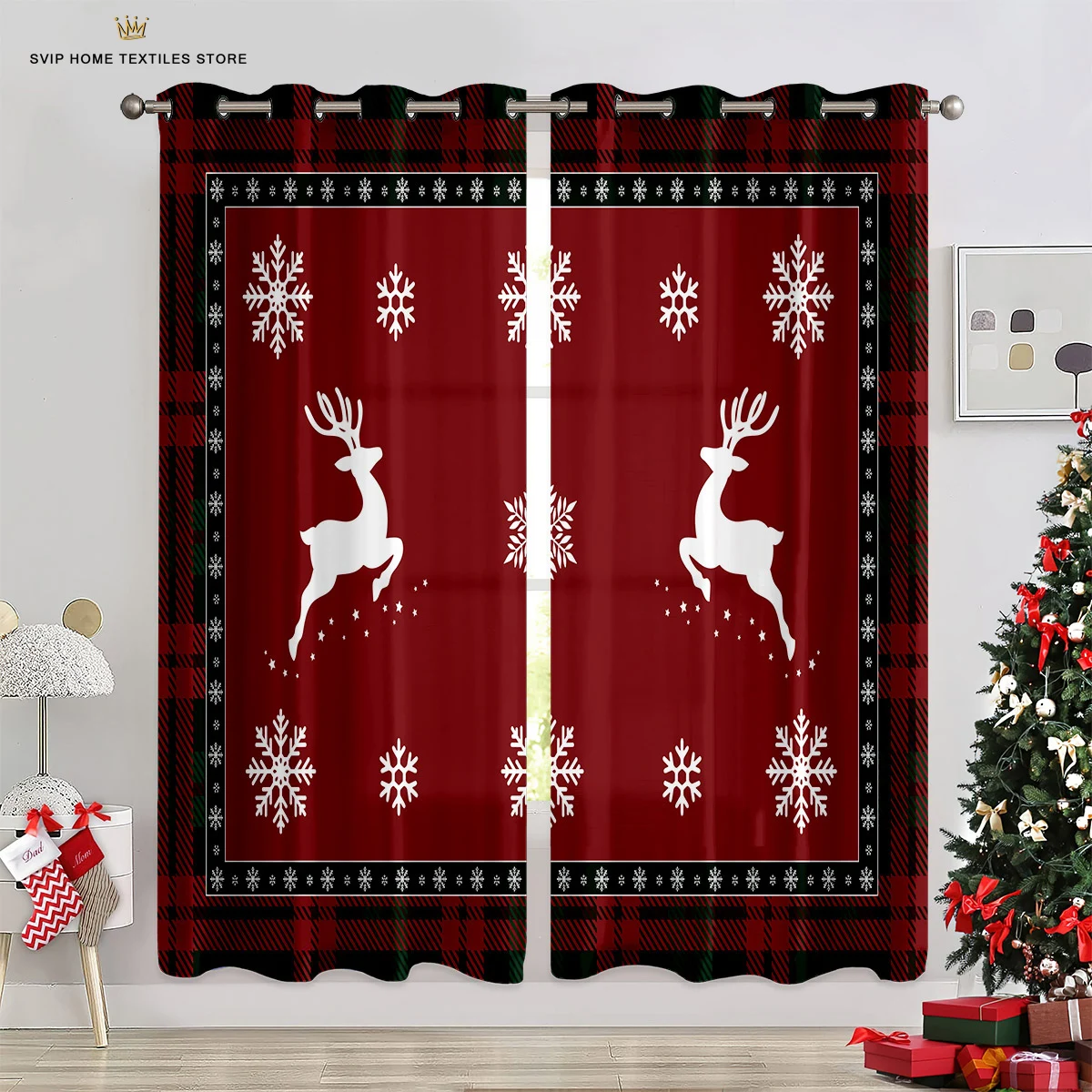 3D Cartoon Christmas Elk Christmas Tree Curtains 2 Panels Deluxe Living Room Bedroom Balcony Kitchen Kids Room Decor Curtains