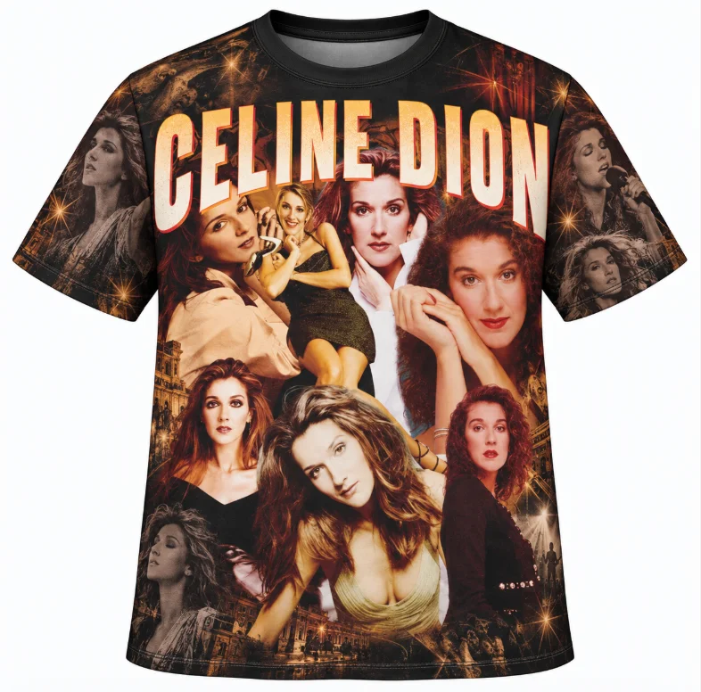 Unisex Vintage Celine Dion Portrait Collage Graphic T-shirt Retro Music Fan Print Casual Short Sleeve Tee Streetwear Tops