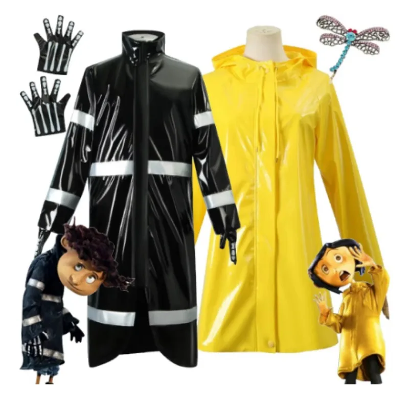 Anime Coraline Wybie Lovat Cosplay Costumes Caroline Raincoat Adult Men PU Uniform Coat Set Halloween Carnival Role Play Outfit