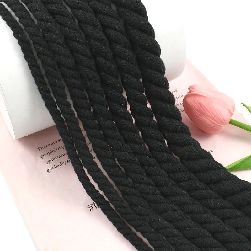 Cordon en coton noir de 2/3/5/10 m, 5-20 mm, pour la couture, corde torsadée à 3 brins, décoration de sac, cordes de macramé, cordons de serrage DIY, matériel