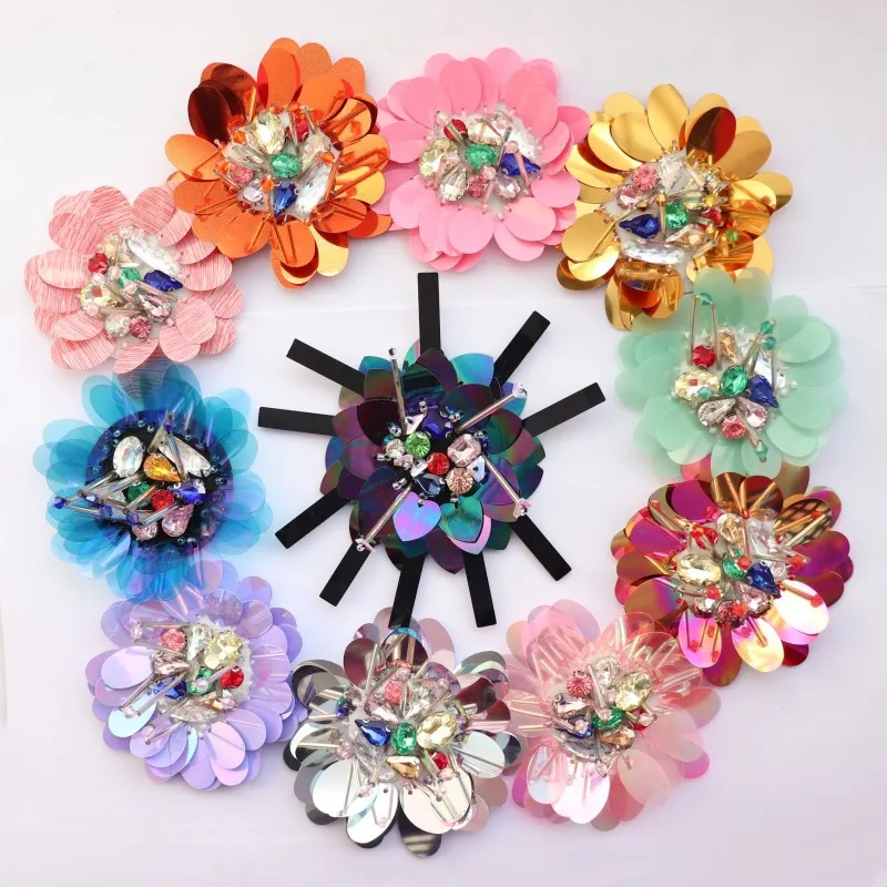 5Pcs 8*8cm Hand-sewed sequins flower pattern patch diy clothing hats, bags, Beads sequins applique big patch clearance sale