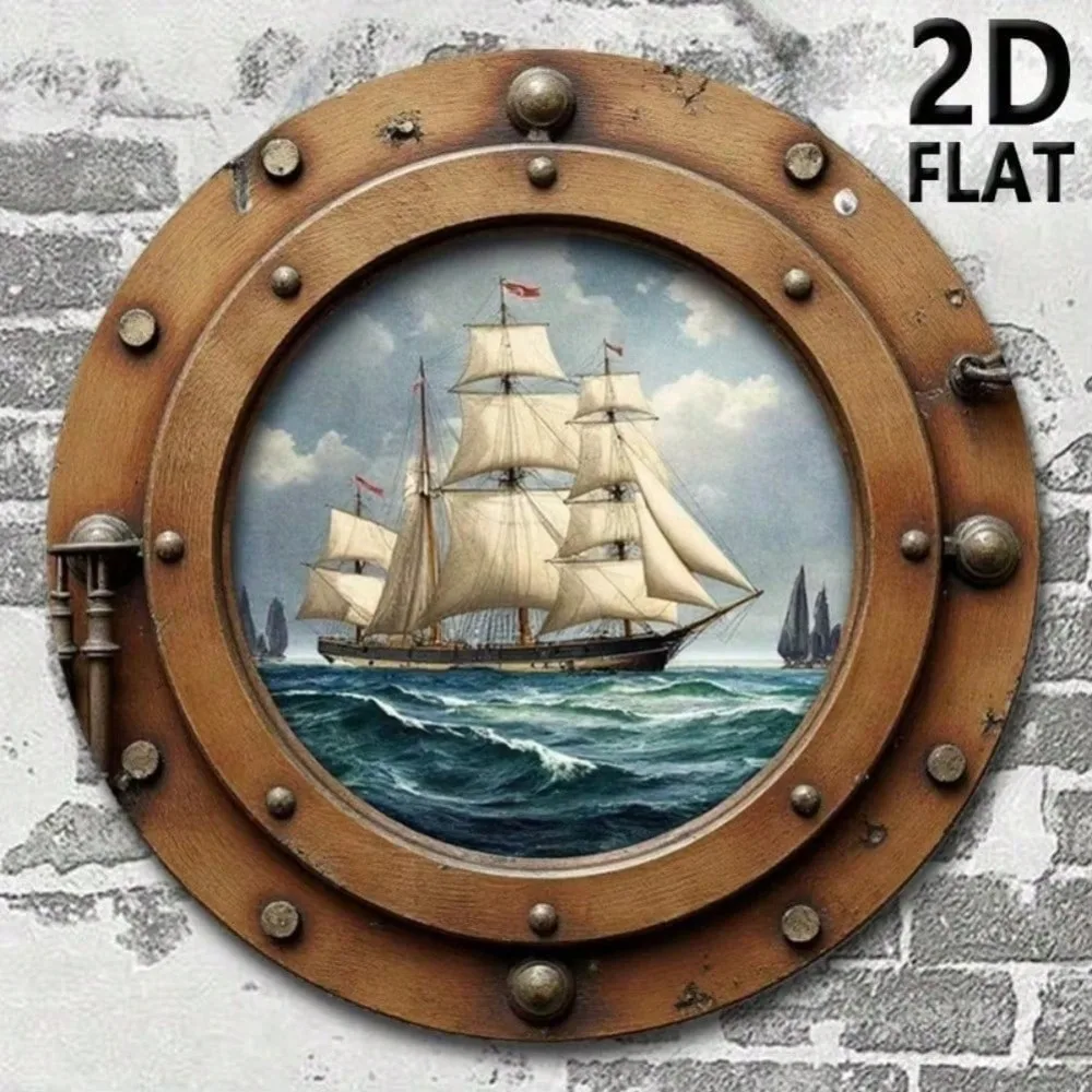 Retro Nautical Sailboat Porthole Weatherproof Durable Aluminum Alloy Metal Sign,Wall Plaque for Home Farmhouse Decor Gift.