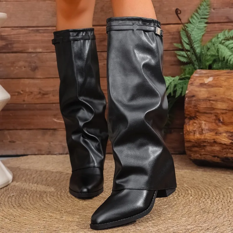 

Fashion Fold Over Knee High Boots for Women Slip On Chunky High Heel Shark Boots Woman Wide Leg PU Leather Long Botas Mujer