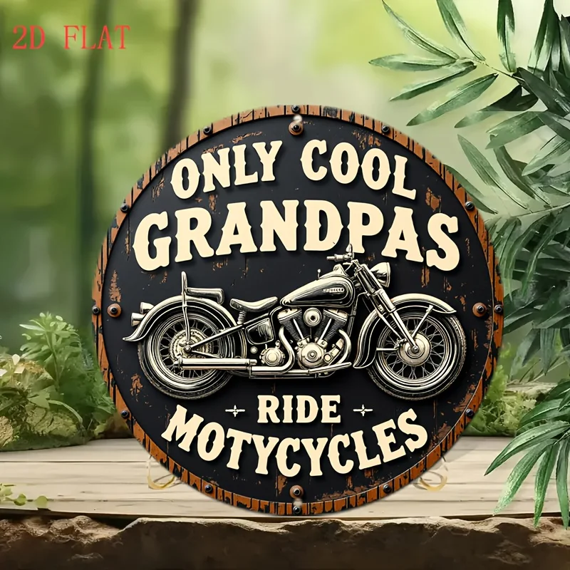 Vintage 2D Flat Round Metal Sign, Classic Motorcycle Grandpa Quote Distressed Plaque, Biker Family Home Wall Decor
