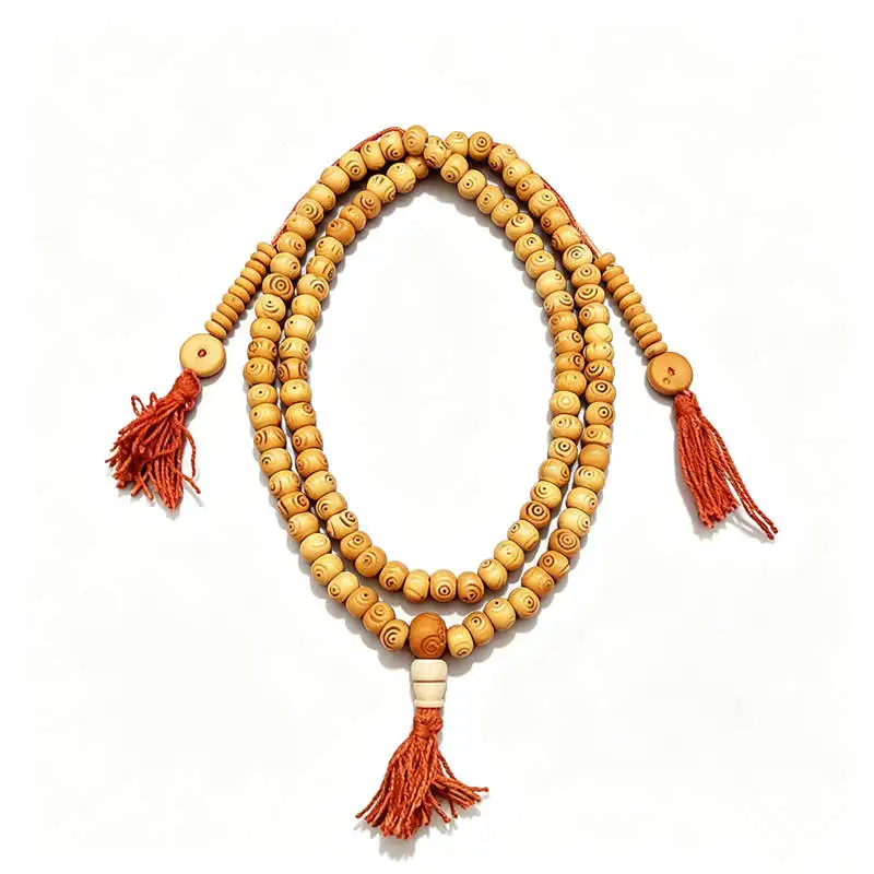 Tibetan 108Beads Yak Bone Rosary Hand Carved Three Eye Prayer Mala Yellow Bone Beads 9x6mm BRO530