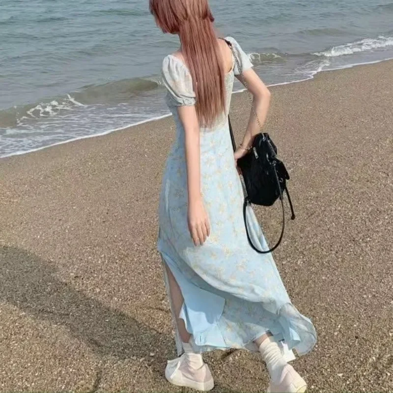 Dresses Women Puff Sleeve Floral Side-slit Sweet Chic Prevalent Ins Aesthetic French Style Summer Vestidos Young Holiday Trendy