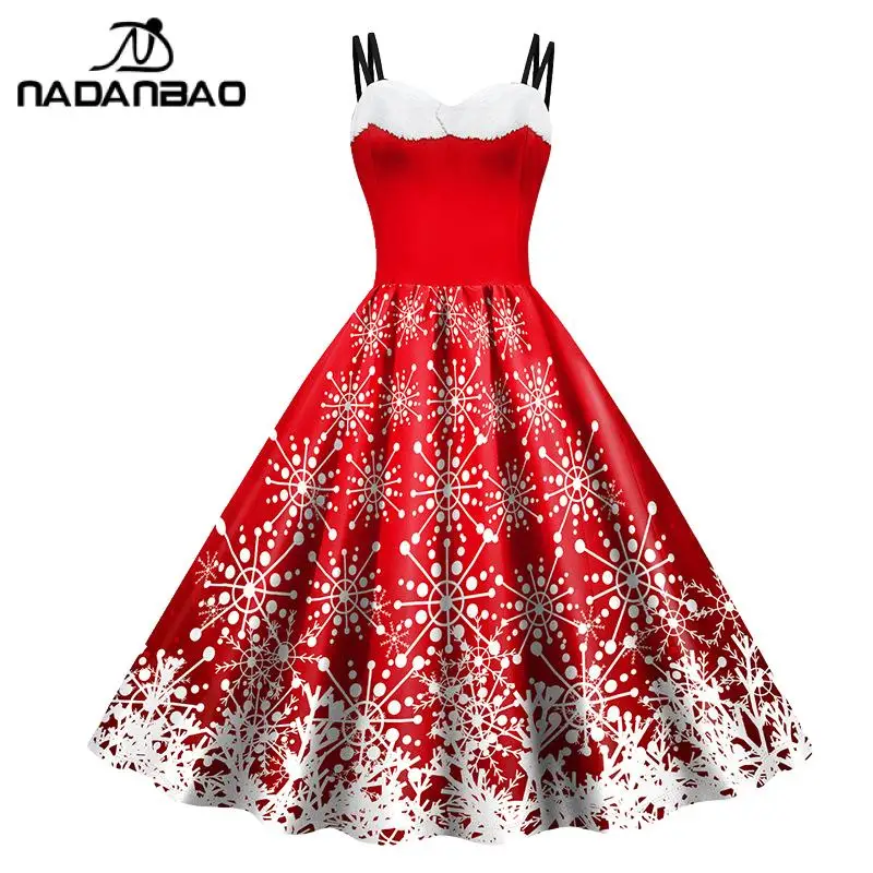 Nadanbao Christmas Holiday Party Dresses Women Red Snowflakes Print Sexy Slip Dress Girls Sleeveless Fashion Slim Costume