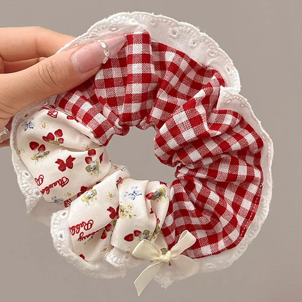 Sweet Strawberry Flowers Scrunchies Hair Accessories For Women Girl Elastic Hair Hair tie Ponytail Holder Rubber Hair Band