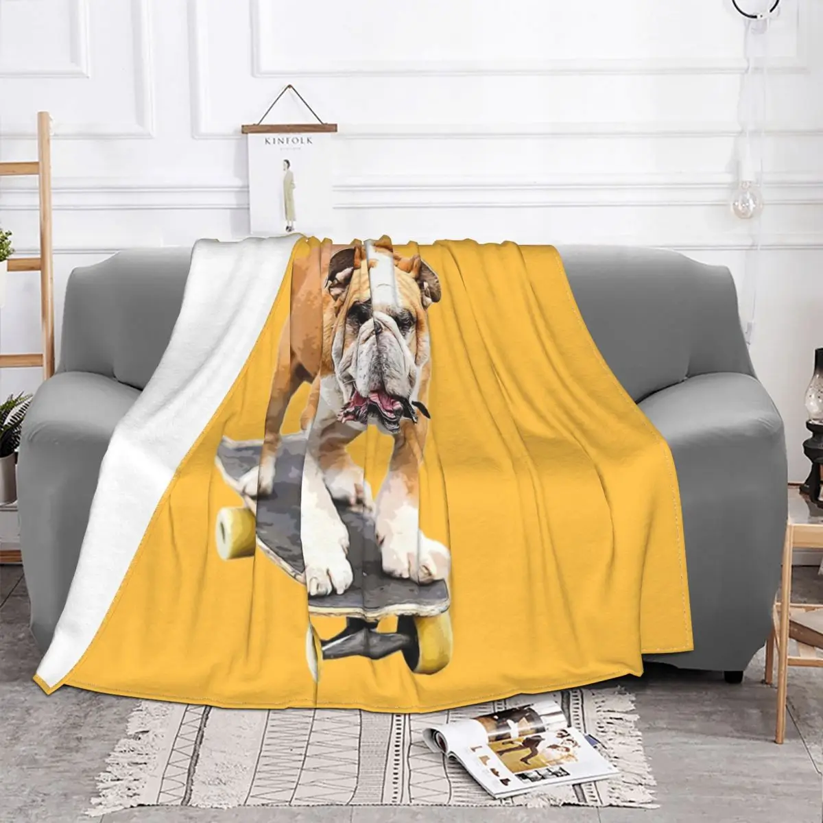 Bulldog On Skateboard Puppy Dog American Blankets Flannel English British Bulldog Dog Throw Blanket for Couch Travel Bedding