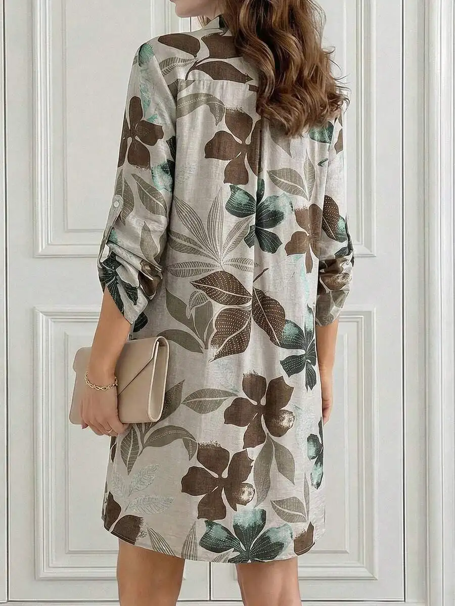 

Women Floral Print Long Sleeve Single-Breasted Casual Shirt Midi Dress