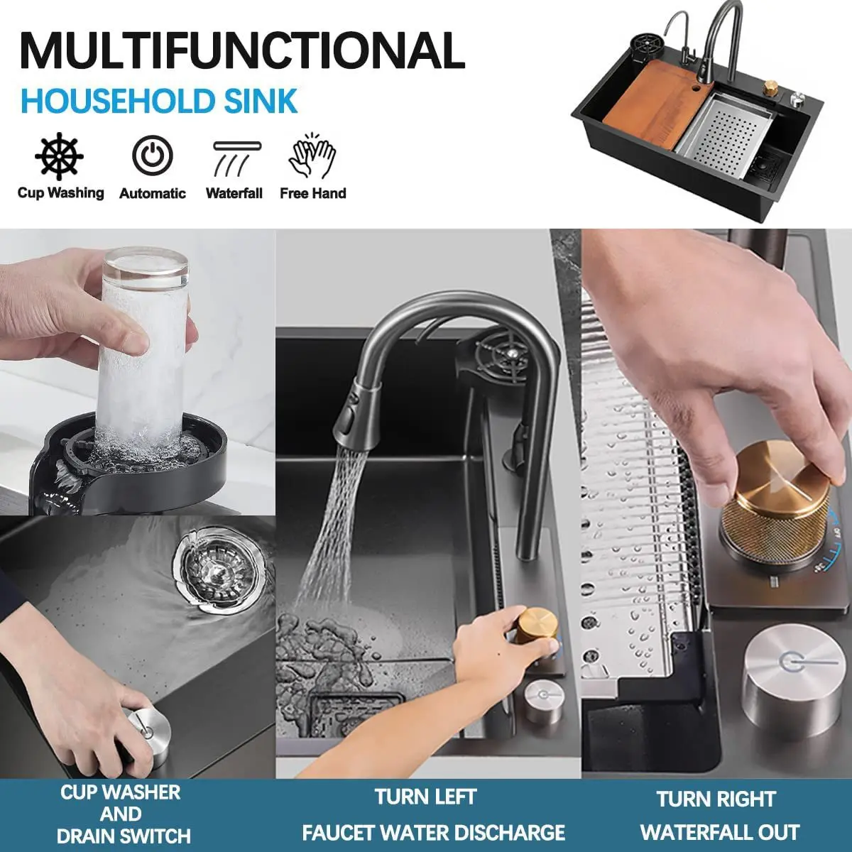 Waterfall Kitchen Sink 304 Stainless Steel Workstation with Pull Out Faucet Glass Rinser Nano Black Single Bowl Washing Basin