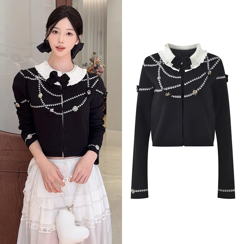 2026 Spring and Autumn New French Celebrity Daughter Style Pearl Jacquard Decorative Lotus Leaf Neck Knitted Cardigan Jacket