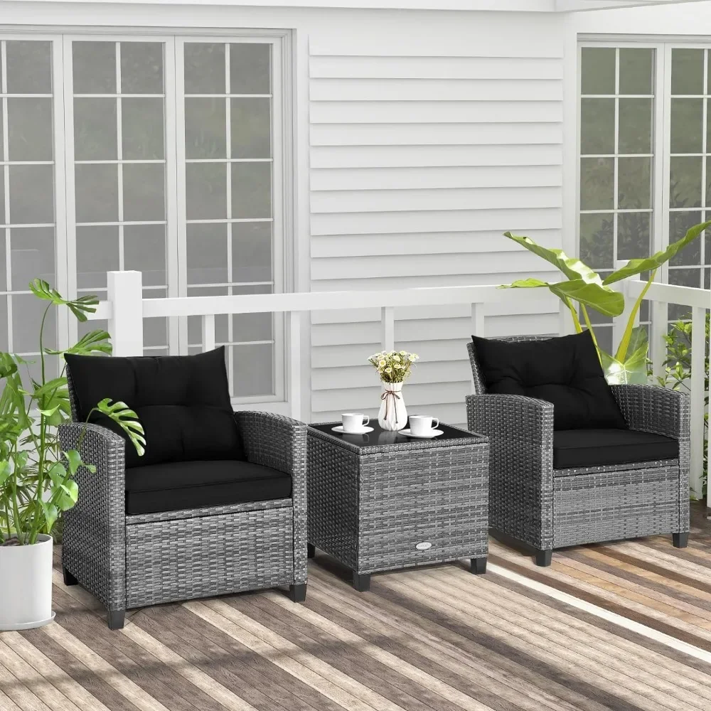 

3-piece Patio furniture set with 2 soft cushioned armchairs, glass table, porch, balcony, pool edge Patio furniture (gray black)