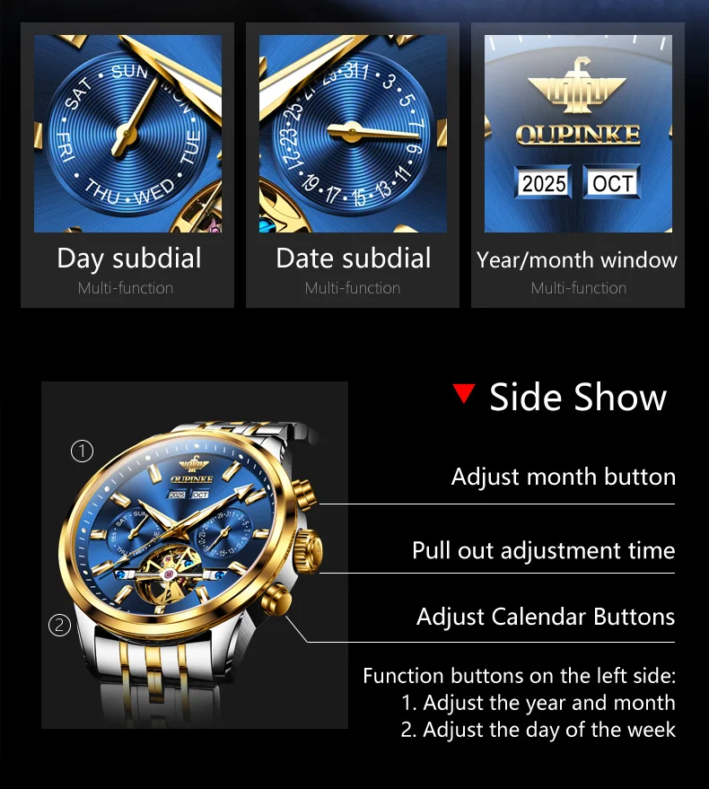 OUPINKE 3296 Men Hollow Automatic Mechanical Watch Top Brand Business Calendar Perpetual Calendar Sapphire Waterproof Men Watch