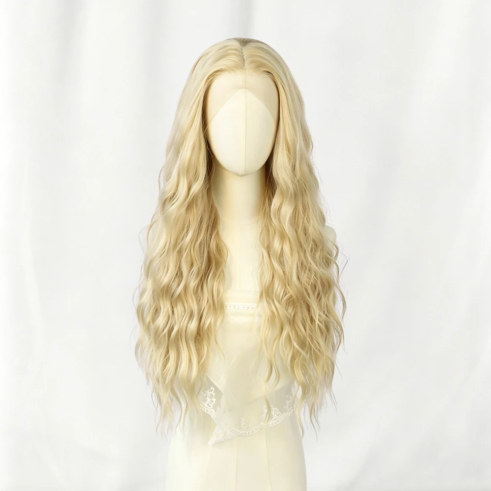 13x4 26 Inch Blonde Wavy Curly Synthetic Lace Front Wigs for Women Glueless Pre-Cut Lace Front Wig Hair Blend Natural Looking Soft Lace Frontal Wig with Baby Hair Pre Plucked Hairline Beginner Friendly Ready to Wear Daily Party Cosplay Use