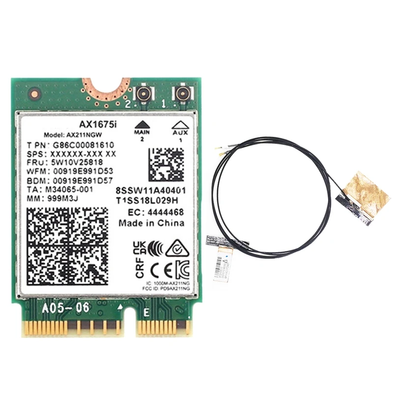 

AX1675I WIFI Card+2Xantenna Wifi 6E M.2 Key E Cnvio 2 Tri Band Parts Kit 2.4G/5G/6Ghz Wireless Card AX211 BT 5.2 Support Win 10