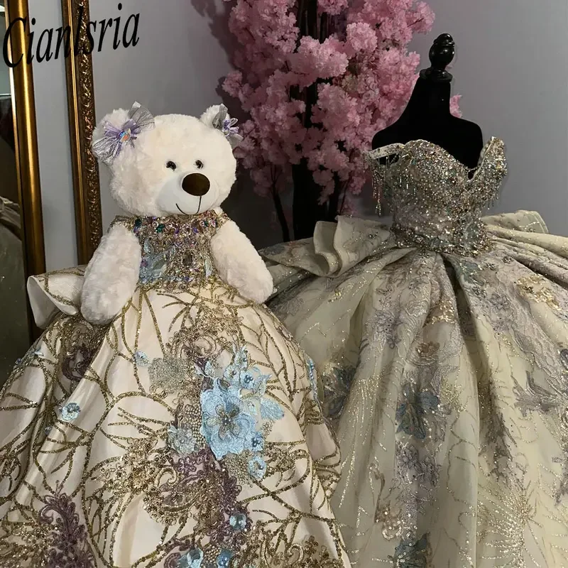 فساتين Quinceanera مطرزة باللون الذهبي اللامع والكشكشة والكريستال فستان حفلة قبالة الكتف مطرز بالخرز فساتين مخصصة من XV Anos #3