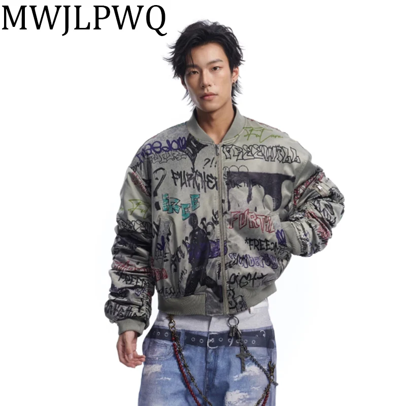 

MWJLPWQ Men's Graffiti Printed American Padded High Street Niche Design Hiphop Long Sleeve Slim Baseball Down Jacket New 010727