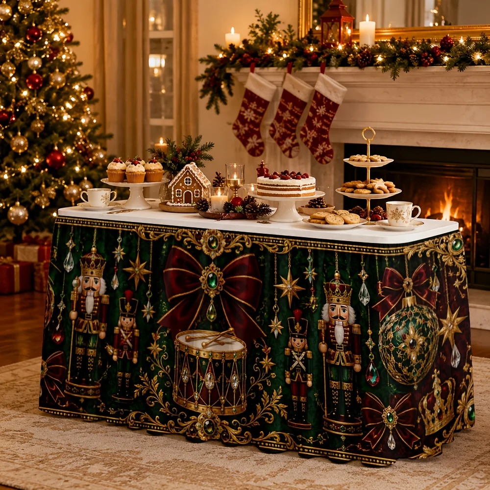 One tablecloth or table skirt for holiday and festive decoration, featuring flowered shells, crowns and ribbons