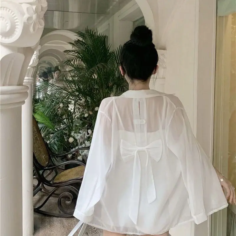 Pink White Shirt Thin Long Sleeve Sunscreen Shirt Women Fashion Bow Button Casual Vacation Beach Shirts Loose Tops Trendy New
