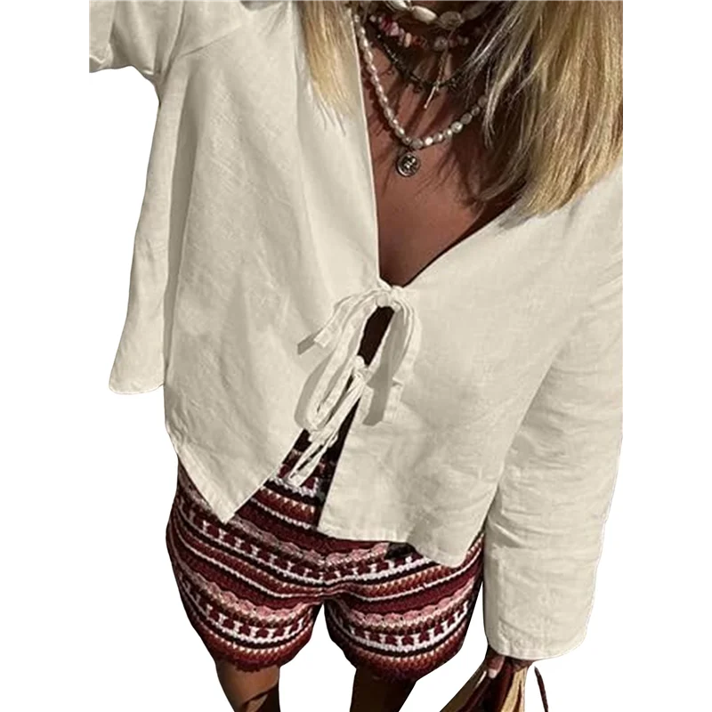 

CGS-Tie Front Tops For Women Y2K Cotton Shirts Flare Sleeve V Neck Clothes Casual Lace Up Bow- Blouses