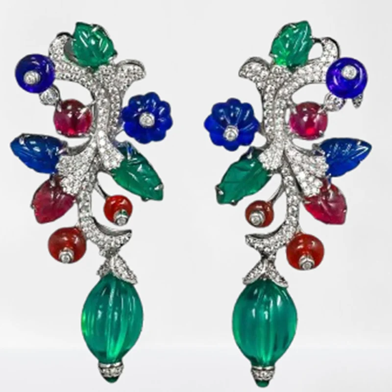 KQDANCE Long 925 Sterling Silver Lab Sapphire Emerald High Carbon Diamond Wedding Engagement Leaf Fruit Drop Dangle Earrings