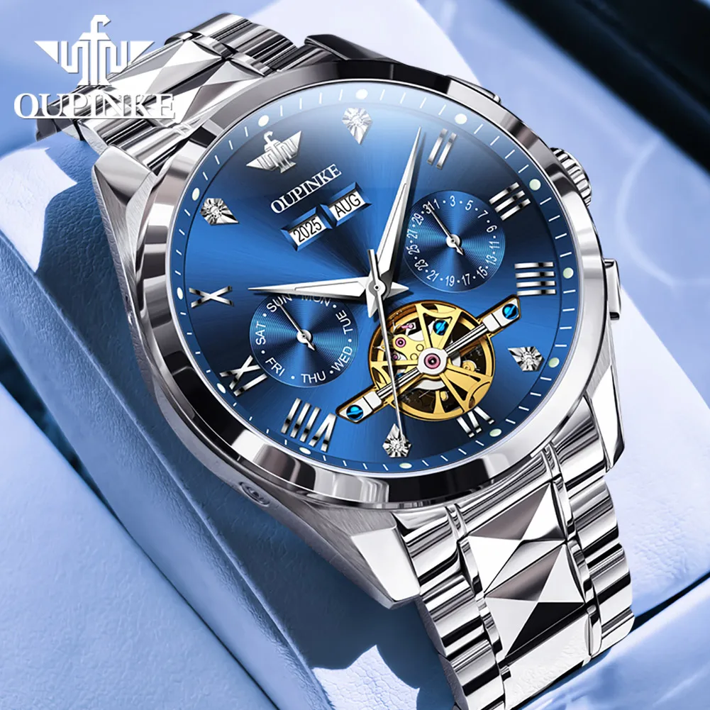 OUPINKE 3240 Skeleton Herrenuhren 50 m wasserdicht automatische mechanische Uhr Saphir leuchtendes Datum Wolframstahl Markenuhr 7