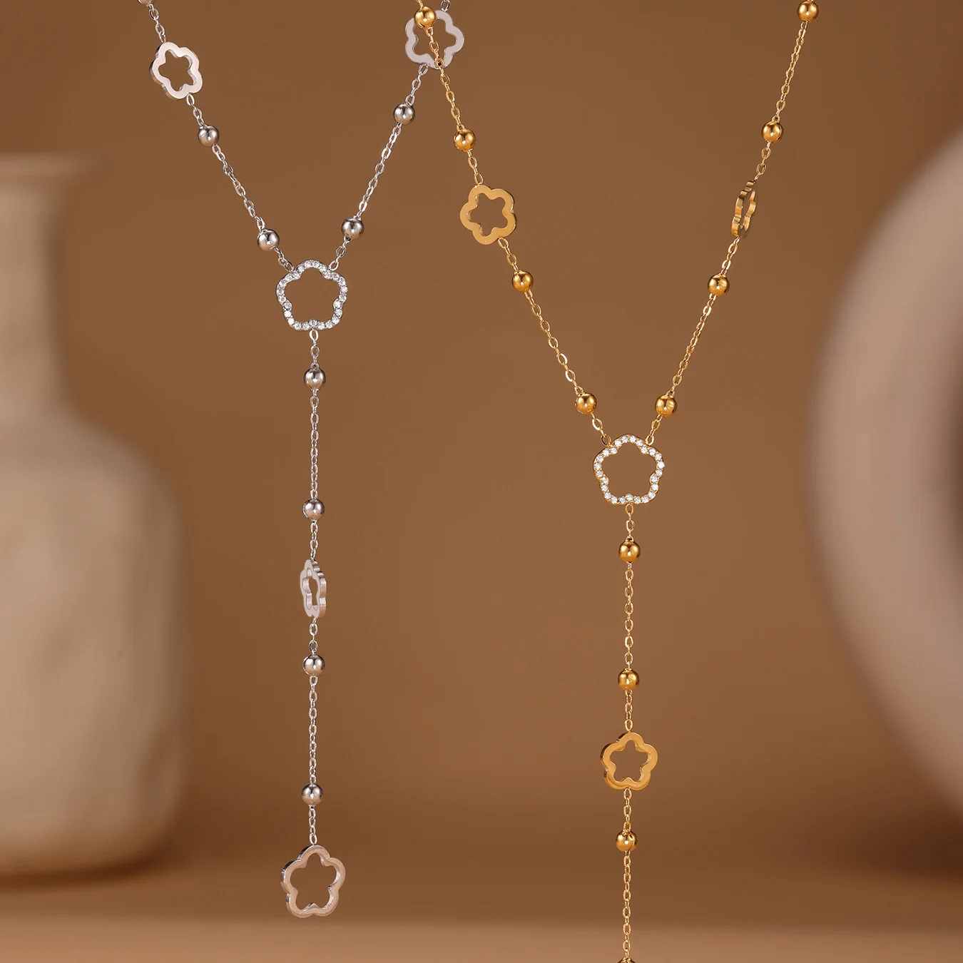 Nivora Flower Chain Stainless Steel Zircon Long Necklacs For Women PVD Gold Plated Metal Female Collar Party Wedding Jewelry