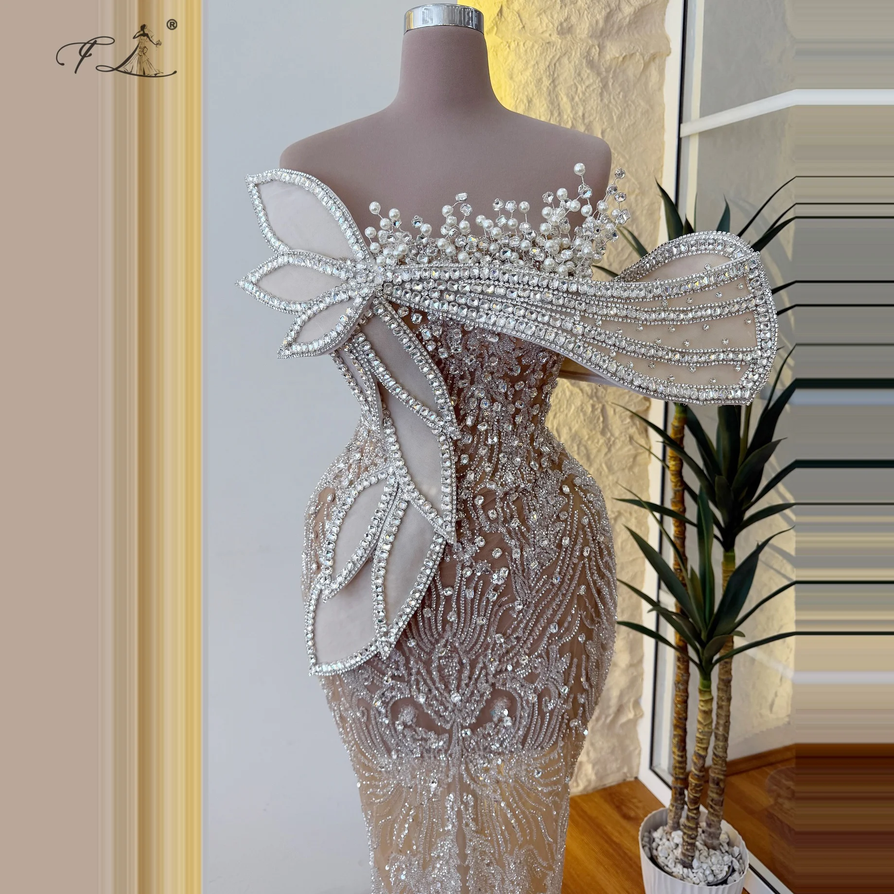 Tulle mermaid gowns with pearls rhinestones sparkly dress asymmetrical shoulder evening gown formal dresses luxurious ball gowns