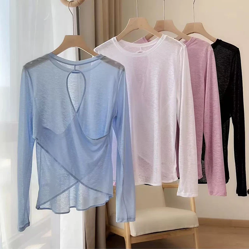 Autumn Thin Long Sleeve Yoga Blouse Loose Fit Breathable Gym Top for Women Hollow Beauty Back Design Running Fitness Pilates