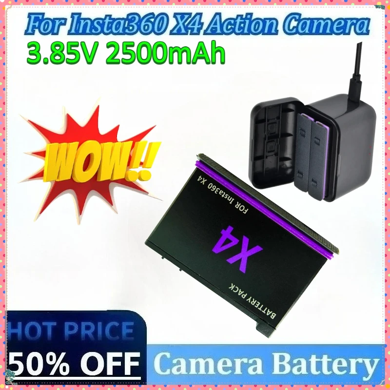 

New +2-Slot 3.85V 2500mAh Camera Battery for Insta360 X4 Battery Power Accessories Charger Fast Charge Hub Digital Battery