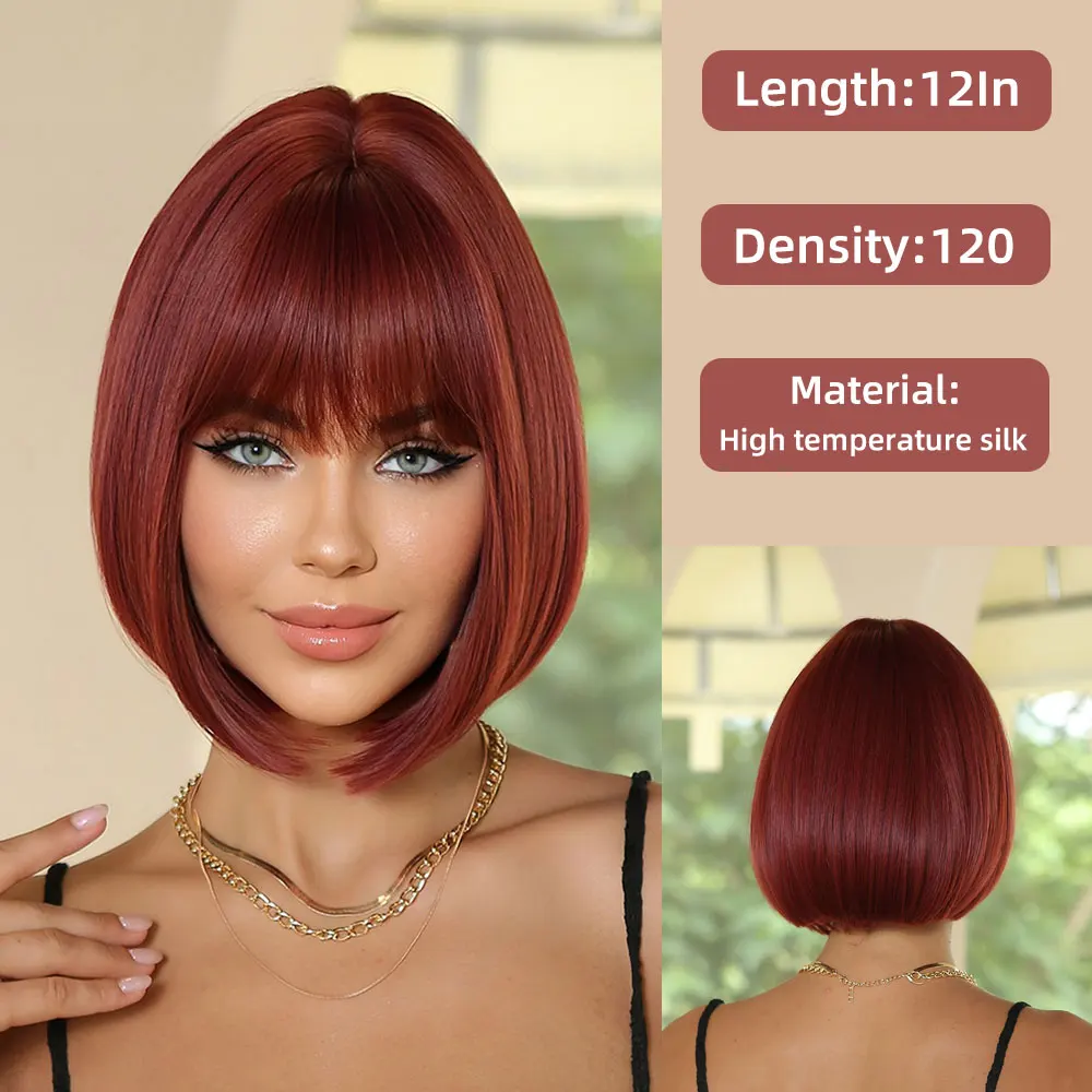 

Cherry-red Trim Bangs Bob Heat Resistant Wig Natural Fashion Everyday Wearable Synthetic Wig Novice Friendly Cosplay Party Wear