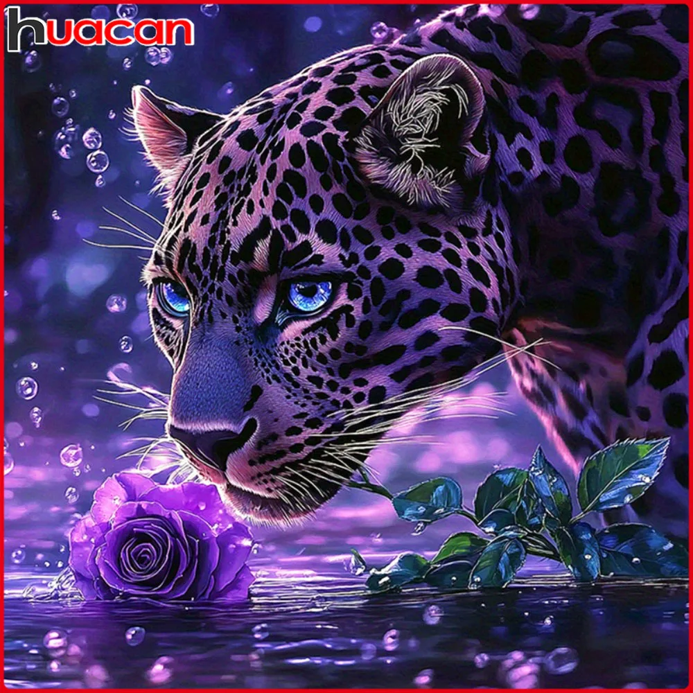 Huacan 5D DIY Diamantmalerei Leopard Rose Diamant-Mosaik Tier Blume Komplettes Set Strass-Bilder