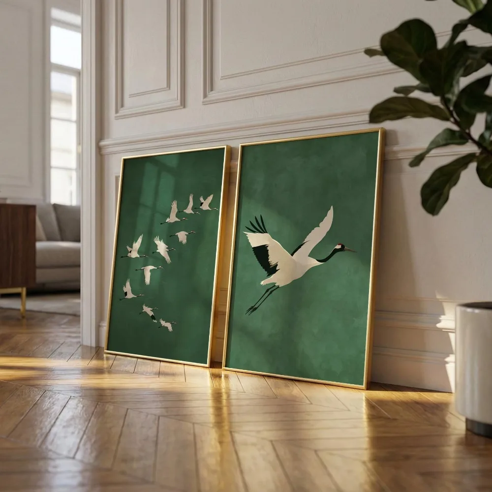 2pcs Frameless,2D Flat ,2pcs Frameless, Japanese Printed Poster, Red-crowned Crane Wall Art, Zen Minimalist Decoration, Moss Gre