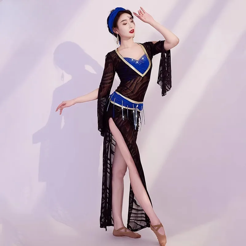 맞춤형 새로운 밸리 댄스 의상 점프 슈트 baladi 가운 댄스 공연 의상 메쉬 롱 드레스 블랙 레드 스플릿 스커트