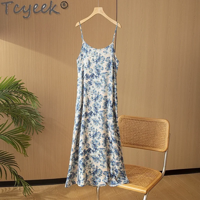 

Tcyeek 70% Mulberry Silk +30% Cotton Dress Elegant Dresses for Women Summer Clothes Women's Maxi Dress Sleeveless Vestido Mujer