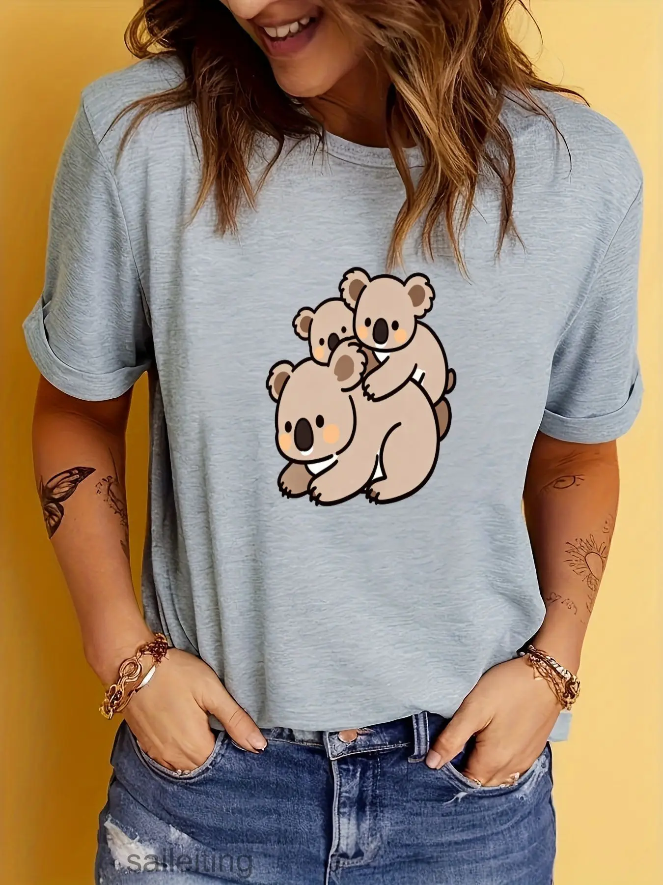 Cute Koala Group Hug Cartoon T-Shirt Women Men Summer Casual Short Sleeve Soft Tee - Adorable Animal Graphic Top for Family F