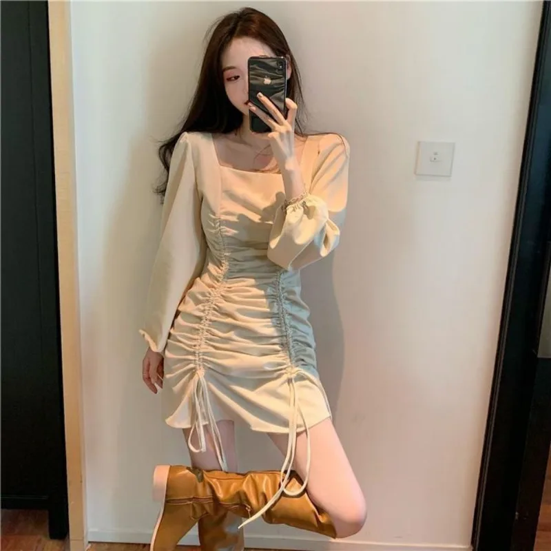 Black Bodycon Korean Style Puff Sleeves Women's Long Sleeve Dresses Plain Hot Sensual Sexy Elastic One-piece Y2k Female Dress