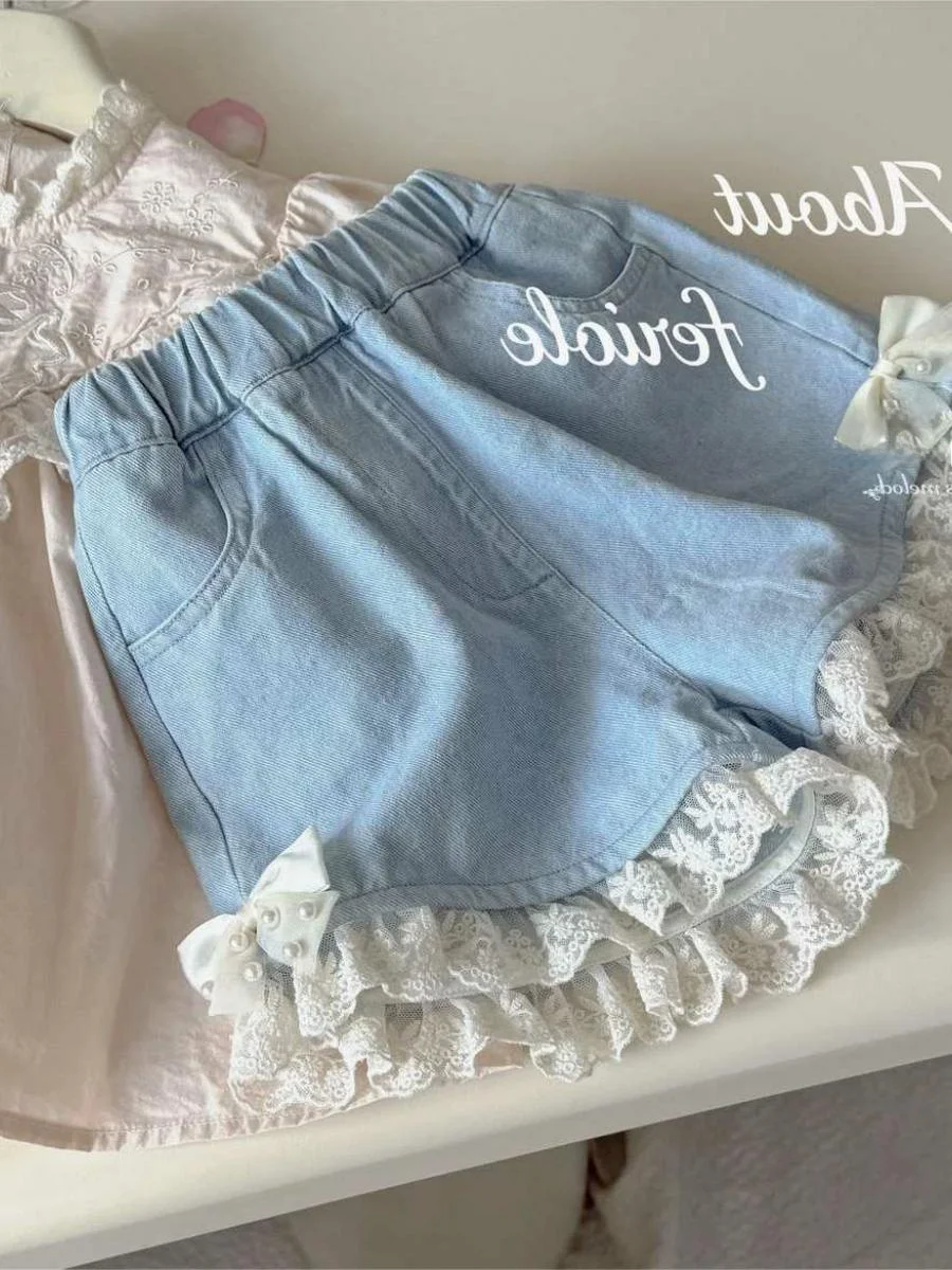 

Летние тонкие джинсовые шорты для девочек с жемчужным бантом в корейском стиле, с цветочным принтом, модные женские спортивные шорты