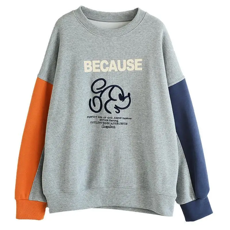 Sudadera holgada de algodón con bordado de dibujos animados para mujer, jersey de manga larga con cuello redondo y letras, Top informal que combina