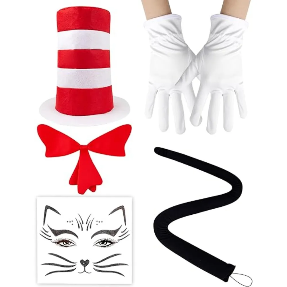 4Pcs Cat Costume Accessories Set Include Red White Striped High Top Hat Furry Red Bow Tie Black Tail Gloves Party Supply