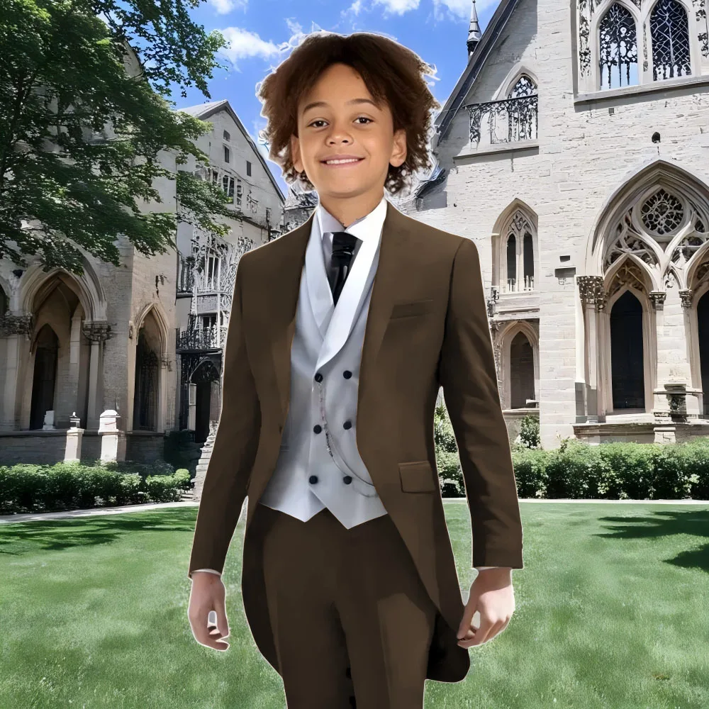 3-Piece Boys Suit Tuxedo Formal Tailcoat Brown Long Jacket Pants White Vest Outfit for Wedding Party Cocktail Birthday Events