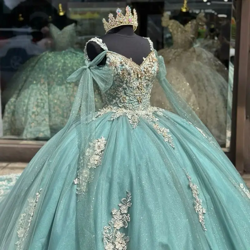 Lorencia Sábio-vestido de baile Quinceanera com capa e espartilho, apliques de renda, cristal frisado, doce 16, 15 anos, YQD474