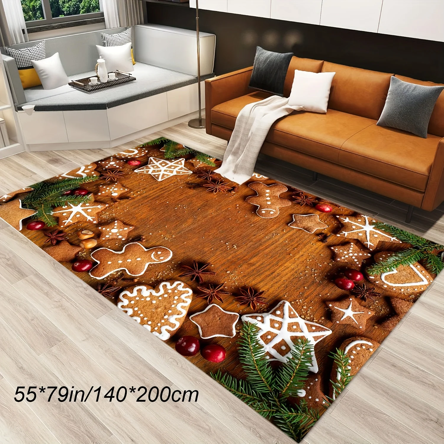 1pc Christmas Cookie & Candy Themed Rug, Machine Washable, for Living Room, Bedroom, Office, Holiday Decor