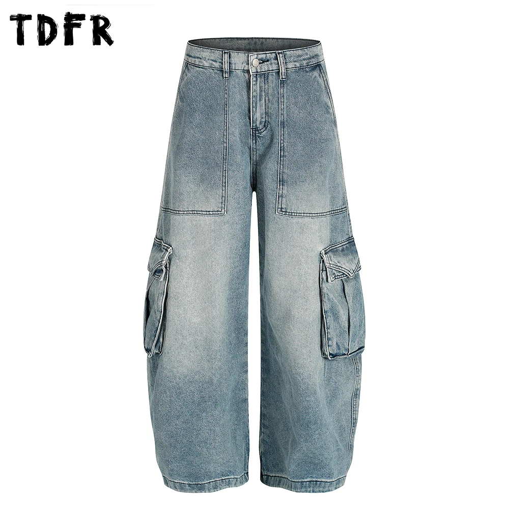 

Multi-Pocket Banana Jeans Mens Retro Washed Distressed Wide Leg Baggy Casual Denim Pants Man