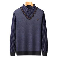 Men's Pullover with Collar Fleece Polo Shirts Long Sleeve Clothing Vintage Smart Casual Knitted Sweaters Warm