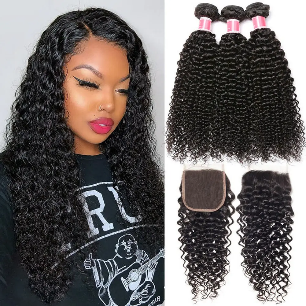 Affordable Curly Wave 3 Bundles with Closure Kinky Curly Hair Bundles with 4x4 Lace Closure Human Hair Bundles Nature Black